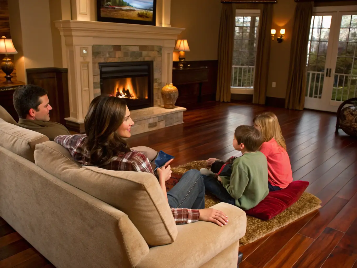 A family happily walking on newly refinished hardwood floors in their living room, highlighting the minimal disruption and quick return to normalcy after dustless refinishing.