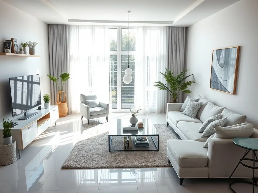 A clean, modern home interior showcasing newly refinished hardwood floors with no visible dust or debris, emphasizing the cleanliness and convenience of the dustless refinishing process.